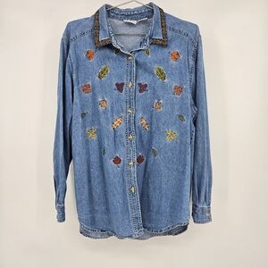 Vintage Bobbi Brooks Denim Fall Leaf Top Novelty Large
